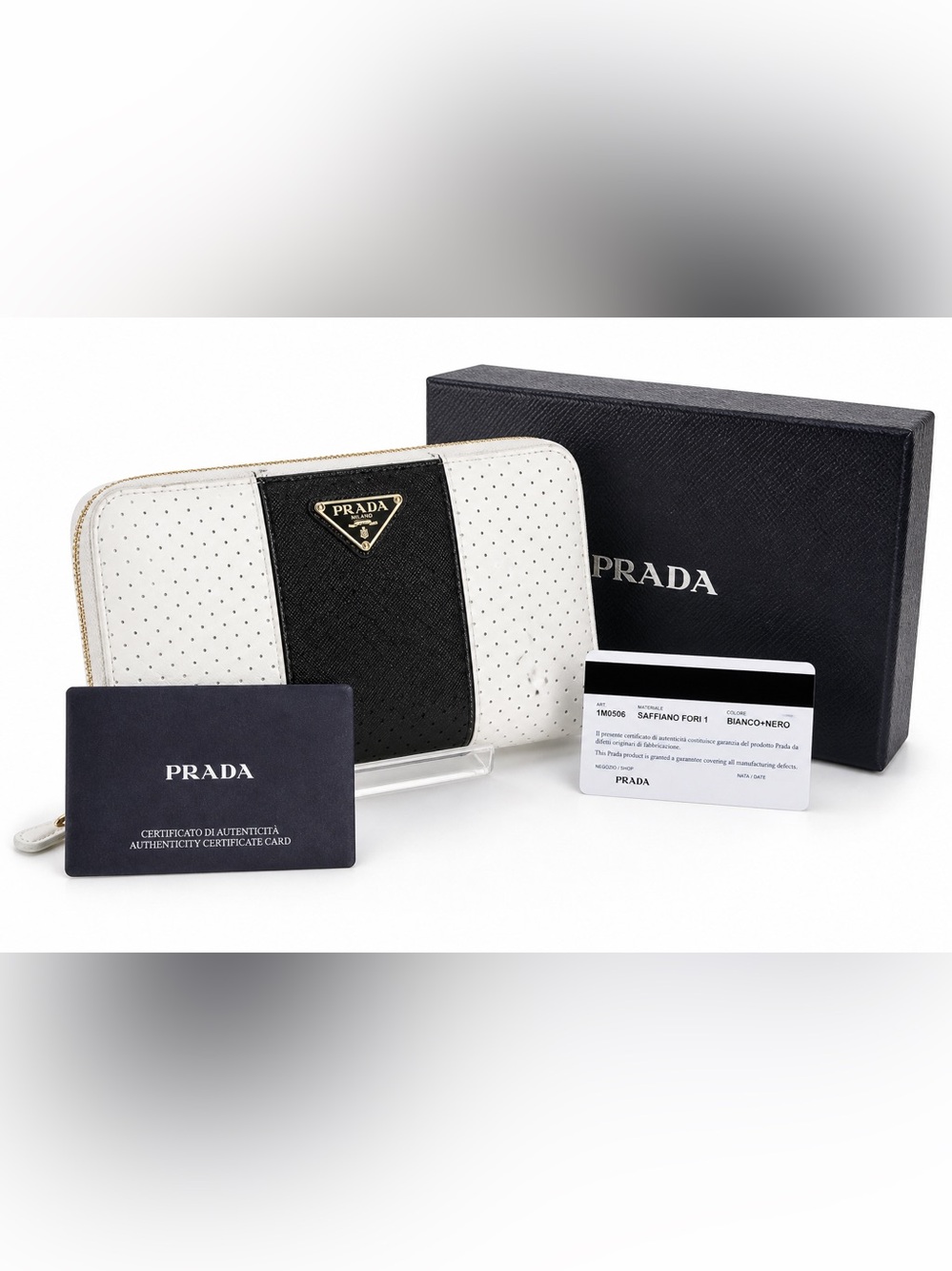 PRADA Black/White Two Tone Perforated Logo Plate Leather Long Zip Around Wallet